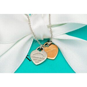 Return to Tiffany & Co. Necklace Silver Rubedo Mini Double Heart Tag Pendant 16"